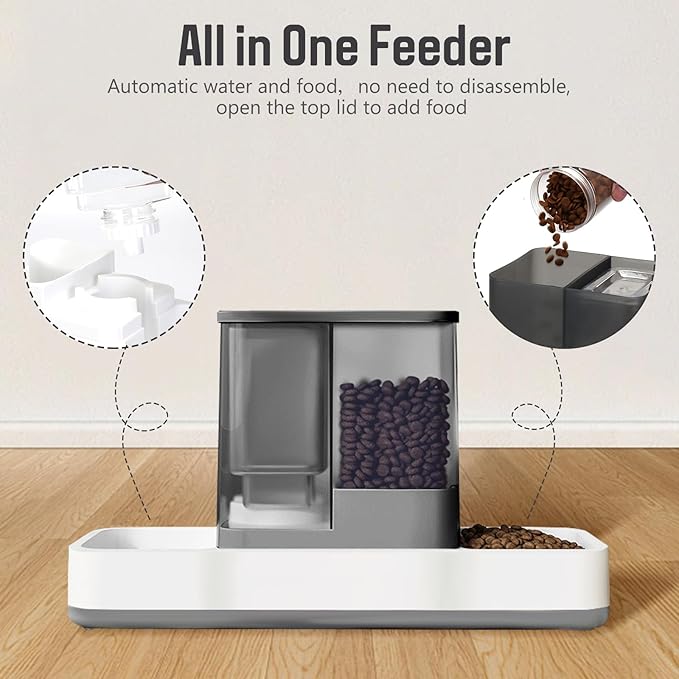 Automatic Small Pet Feeder and Water Dispenser, 2 in 1 Gravity Cat Auto Cat Small Medium Dog Feeder and Waterer Set Dish for Puppy Kitten Pets (Grey)