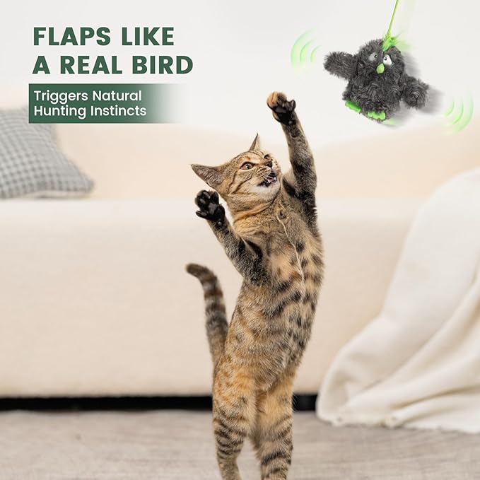 Gardner Pet Cat Toys Flapping Bird (No Flying),Touch Activated with Realistic Flapping Wings and Chirping Bird,Hangable Kitten Interactive Toy,USB Rechargeable Indoor Kitty Exercise Toys,Grey