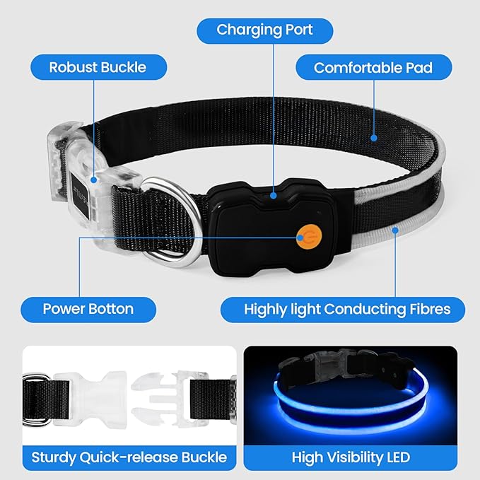 PcEoTllar Light up Dog Collars Rechargeable, LED Dog Collar Night Walking, Waterproof Flashing Glow in The Dark Dog Collars, Adjustable Dog Lights for Large Small Medium Dogs Blue-m