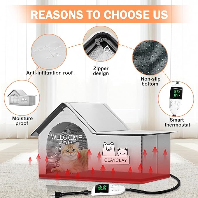Heated Cat House for Outside Pets in Winter,Winter Shelter for Indoor Outdoor Ferals,Cats & Small Dogs with Heating Pad,Kitty Heated House with Waterproof Suitable for All Seasons(21"D x 15"W x 17"H)
