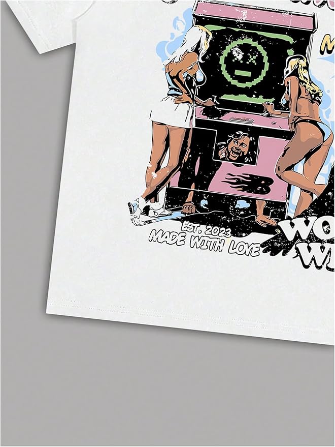 Verdusa Women's Lips Print Graphic Tees Y2k T Shirts Summer Crew Neck Vintage Going Out Tops