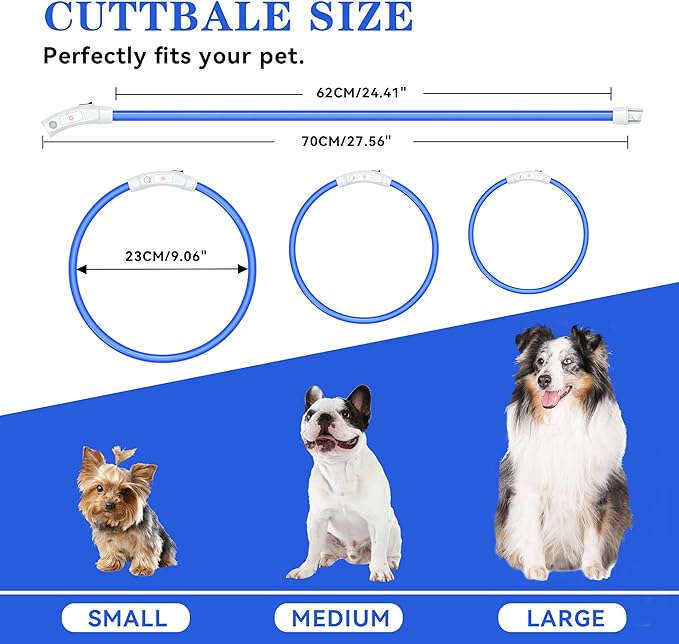 Led Light Up Dog Collar Rechargeable Waterproof, Glow in Dark Dog Collar, TPU Cuttable Lighted Dog Collars for Night Walking Charging USB, Safety for Small Medium Large Dogs Blue