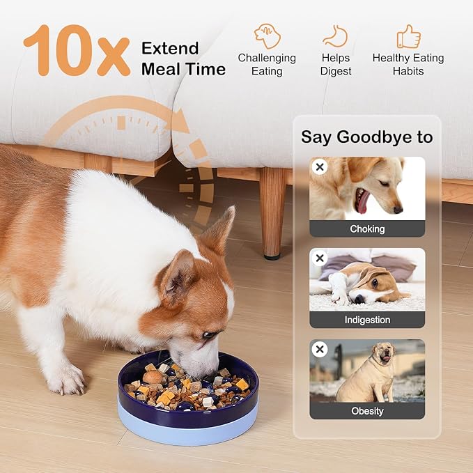 Sted Ceramic Slow Feeding Dog Bowl with Silicone Base, Small Medium Breed, Slow Down Eating, Puzzle Dog Food Bowl, Maze Blue
