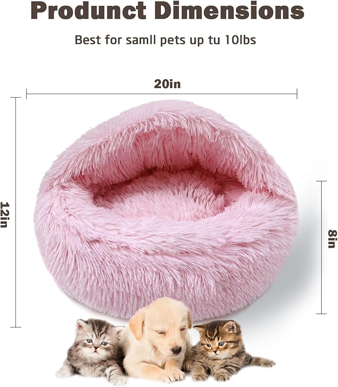 Cat Bed Calming Cat Beds,Indoor Washable Cat Bed,Anti-Slip Faux Fur Fluffy Cuddler Anxiety Cat Bed,Warming Cuddler Cushion Bed for Small Medium Dogs and Cats (Pale Pink, 20 * 20inch)