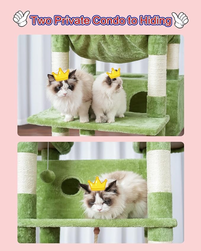 Cat Tree for Indoor Cats Large Adult, 74" Cat Tower with 3 Big Platforms, 2 Baskets, 2 Condos, Multi-Level Cat Scratching Posts, Green GCT030GR