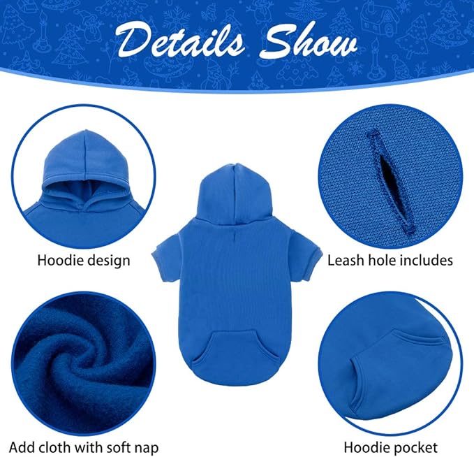 KOOLTAIL Basic Dog Hoodie - Soft and Warm Dog Hoodie Sweater with Leash Hole and Pocket, Dog Winter Coat, Cold Weather Clothes Sweatshirt for Small Medium Large Dogs Puppy Cat Boys Girls Blue XS