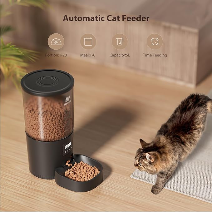 Automatic Cat Feeders, 5L Large Capacity, Timed Feeding Dry Food, Dual Power Design, Programmable Portion Size, 1-6 Meals Per Day, with Desiccant, Suitable for Small Pets Food Dispenser, Black
