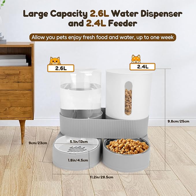 2 in 1 Automatic Dog Feeder and Water Dispenser,All-in-One Gravity 2.6L Pet Waterer, 2.4L Pet Feeder for Small Medium Cats Dogs