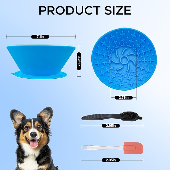 Dog Lick Bowl – Silicone Lick Mat for Dogs with Freeze Bone, Slow Feeder, Non-Slip Base, Includes Brush & Scraper, Large Opening for Anxiety Relief & Oral Health, Ideal for Frozen Treats (Blue)