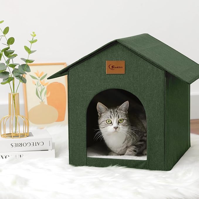 Outdoor Cat House Feral Cat Shelter,Outside Waterproof Cat House for Outdoor/Indoor Cats, Insulated Cat Bed for All Seasons with Cozy Cushion Easy to Assemble, Olive Green, 2 Pack