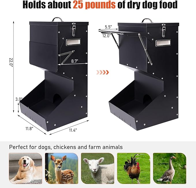 Outdoor Automatic Dog Feeder Large Breed 25 lbs, Galvanized Gravity Feeder for Dogs Metal Self Feeding Dog Food Dispenser Hanging Pet Food Feeders for Dogs Chickens and Farm Animals