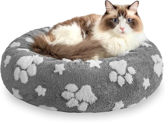 Donut Dog Beds for Small Dogs, Calming Round Cat Beds for Indoor Cats, Cute 3D Textured Paw Pet Bed with Removable Washable Cover and Anti-Slip Bottom(Grey,20")