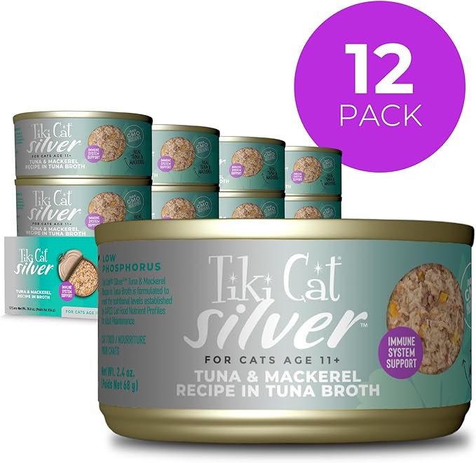 Tiki Cat Silver Comfort Mousse + Shreds, Tuna & Mackerel Recipe in Tuna Broth, Immune System Support Formulated for Older Cats Aged 11+, Senior Wet Cat Food, 2.4 Oz Cans (Pack of 12)
