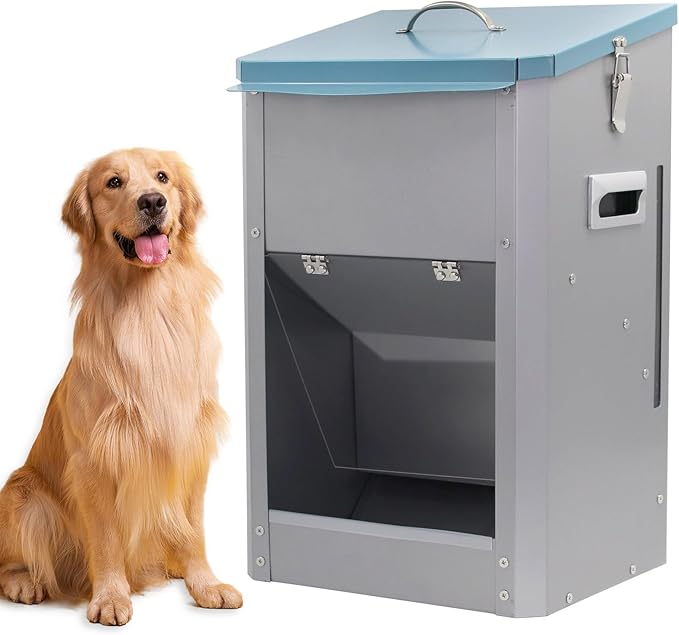 Automatic Dog Feeder Large Breed Dog Food Dispener, 25Lbs Outdoor Pets Feeder Gravity Food Feeder for Large Dogs, Galvanized Hanging Automatic Dog Food Dispenser Container