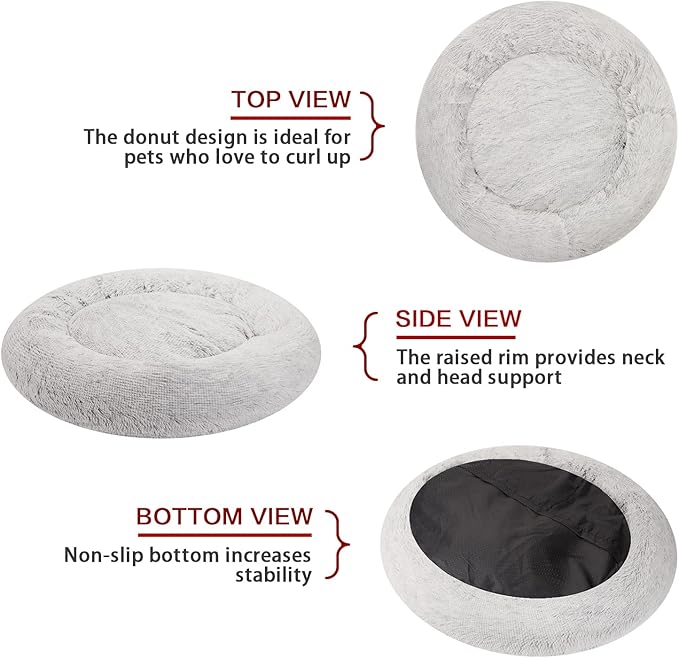 Bedfolks Calming Donut Dog Bed, 23 Inches Round Fluffy Dog Beds for Small Dogs, Machine Washable Anti-Anxiety Plush Puppy Bed(Light Grey, Small)