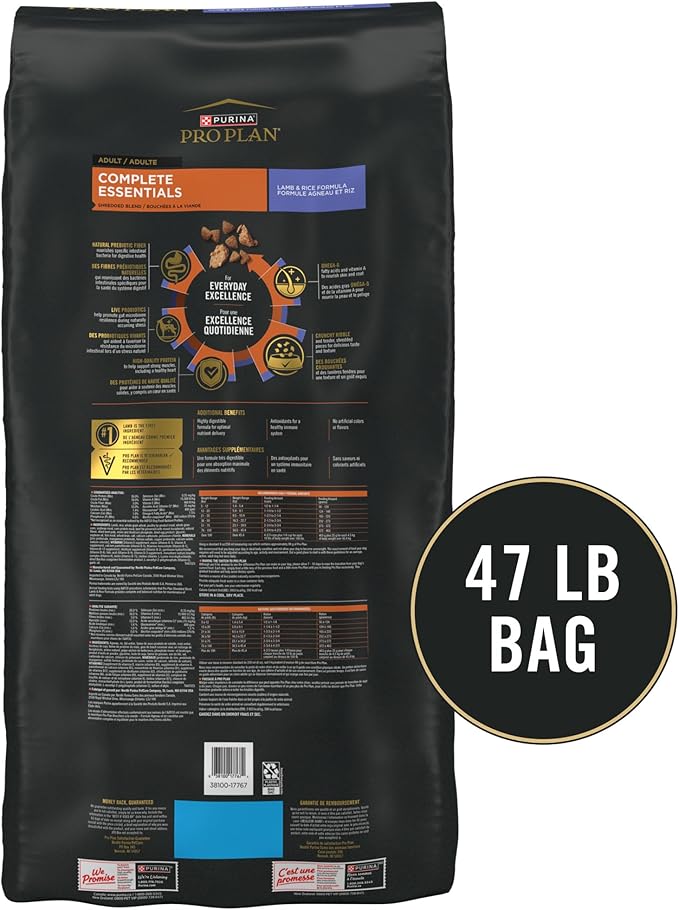 Purina Pro Plan Complete Essentials Shredded Blend Lamb and Rice High Protein Dog Food with Probiotics for Dogs - 47 lb. Bag