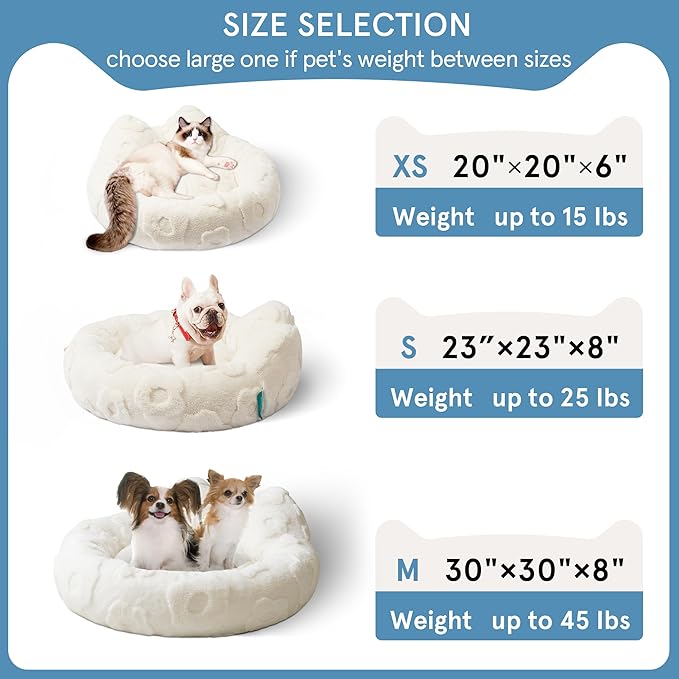 Round Dog Bed for Small Dogs & Cats -Washable Dount Cute Cat Bed for Indoor Cats, Orthopedic Sherpa Fleece Soft Cozy Calming Pet Bed with Removable Zipper Cover (White, (23x23x8inches))