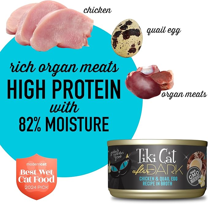 Tiki Cat After Dark, Chicken & Quail Egg, High-Protein and 100% Non-GMO Ingredients, Wet Cat Food for Adult Cats, 2.8 oz. Can (12 Count)