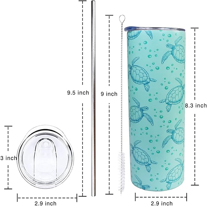 Sea Turtle Tumbler With Lid and Straw Sea Turtle Stuff Gifts for Women 20 oz Insulated Stainless Steel Skinny Tumbler Water Bottle Travel Mug Wine Cups