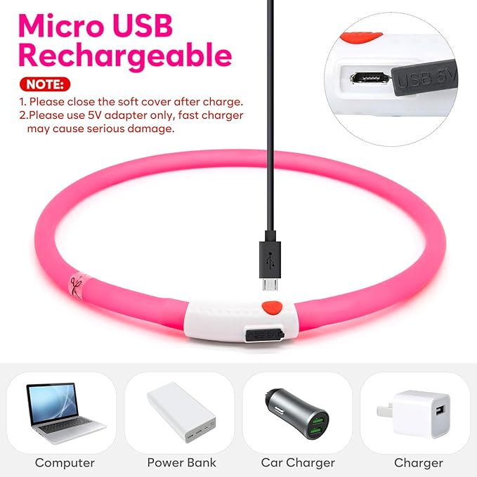 HIGO LED Dog Collar, Silicone Lightweight Light Up Dog Collars, USB Rechargeable LED Dog Necklace Light for Your Dogs Cats Glow in The Dark (Pink-Silicone)