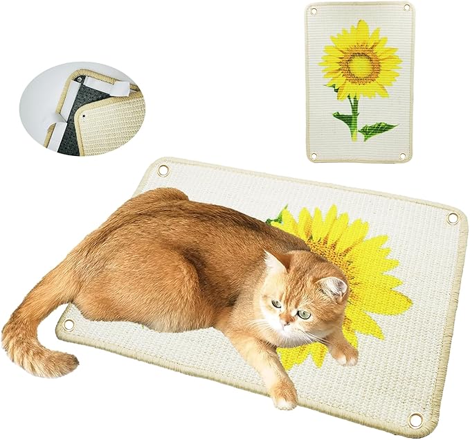 Cat Scratcher Mat, 23.6 X 15.7 Inch Natural Sisal Cat Scratch Mats Sunflower Pattern Cat Scratching Rug Wall Scratchers for Indoor Cats with Adhesive Hook Protect Carpets and Sofas(2Packs)