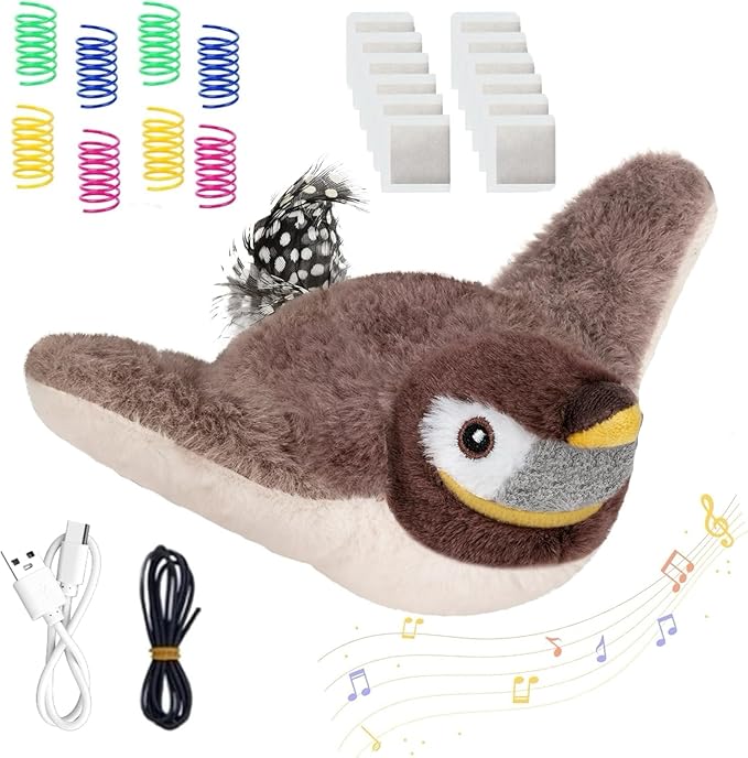 Cat Toys, Flapping Bird Cat Toy(No Flying), Interactive Catnip Toy with Springs & Catnip Bags, Chirping Noise Enrichment Moving Wings Dog Cat Kitten Toys, Flappy Flying Pets Toy for Indoor