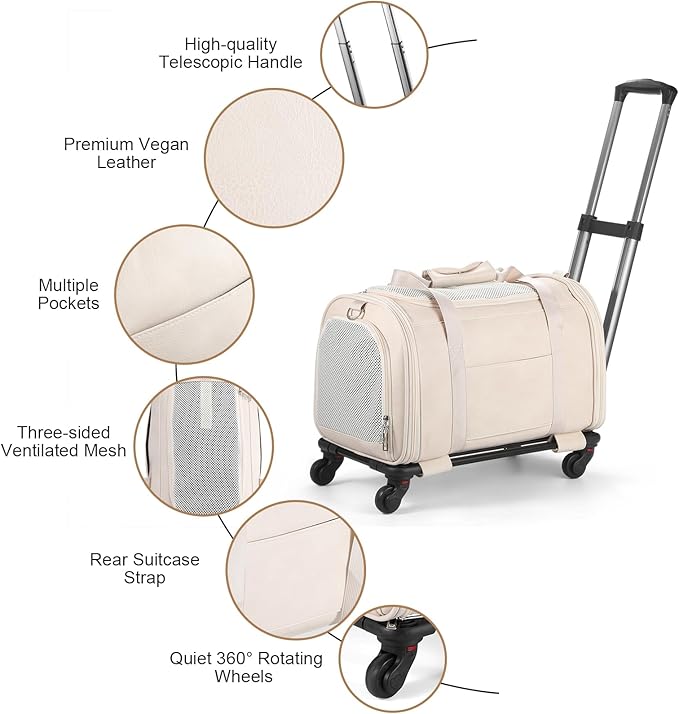 Leather Pet Carrier with Wheels, Airline Approved Travel Bag for Small Dogs & Cats Under 15 lbs, Rolling Pet Carrier for Airplane, Camping & Outdoor White