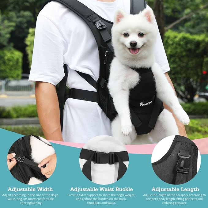 Pawaboo Pet Dog Front Carrier Backpacks, Legs Out Pet Carrier Backpack for Dogs, Adjustable Easy-fit Dog Chest Carriers for Small Medium Dogs Hands Free for Travel Hiking Cycling Camping, S, Black