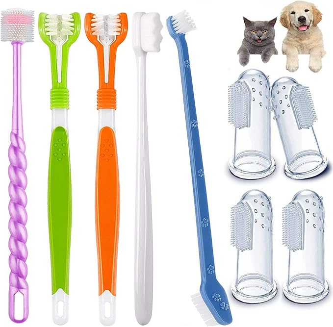 Triple Head & Double Head Dog Toothbrush Set, Finger Rubber Toothbrush, Multi-Angle Dental Cleaning Brushes for Cat Oral Health