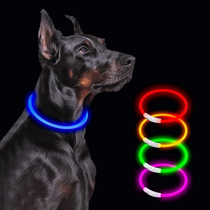 Led Light Up Dog Collar Rechargeable Waterproof, Glow in Dark Dog Collar, TPU Cuttable Lighted Dog Collars for Night Walking Charging USB, Safety for Small Medium Large Dogs Blue