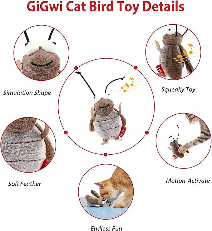 Gigwi Squeaky Cricket Cat Toy,Interactive Cat Toys Electronic Motion Activated Bug Sound,Automatic Cats Play Squeaky Toy for Indoor Fun