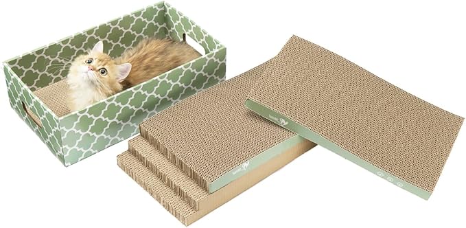 MECOOL Cat Scratching Board,5PC Cat Scratch Pad with Box,Reversible Corrugated Cat Scratcher Cardboard and Lounge Bed for Indoor Cats, Catnip