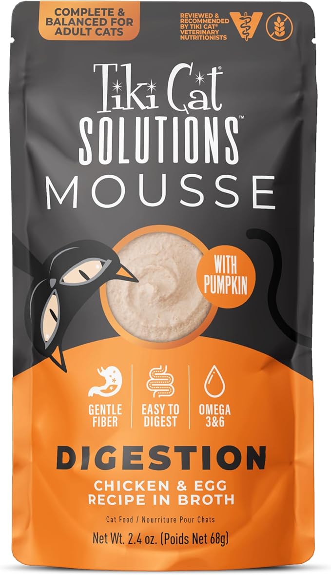 Tiki Cat Solutions Digestion Mousse, Chicken & Egg Recipe in Broth, Formulated to Support Healthy Digestion, Functional Wet Cat Food, 2.4 oz. Pouch (12 Count)