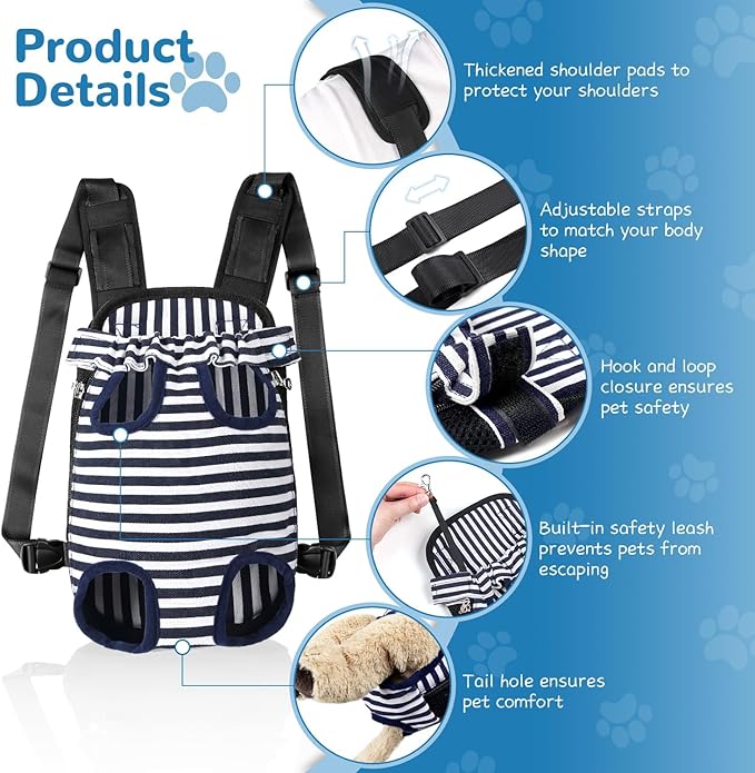 YUDODO Pet Dog Carrier Backpack Adjustable Dog Front Carrier, Legs Out Easy-Fit Dog Travel Backpack Carrier for Hiking Camping for Small Medium Dogs Cats and Rabbits (Small), C-Blue White Strip