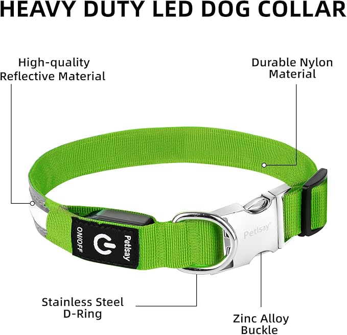 PetIsay LED Dog Collar Metal Buckle - Heavy Duty Light up Collars - Rechargeable IP68 Waterproof - Lighted Dog Collar for Night Walking, Hiking, Camping (Large, Green)
