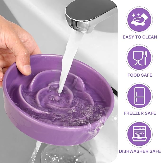 TRUVIC Ceramic Slow Feeder Dog Bowls Small Breed, 0.6 Cup Slow Feeder Cat Bowls for Fast Eaters, Ceramic Dog Food Dish no Black Chin, Puzzle Bowl for Small Dogs and Cats, Purple