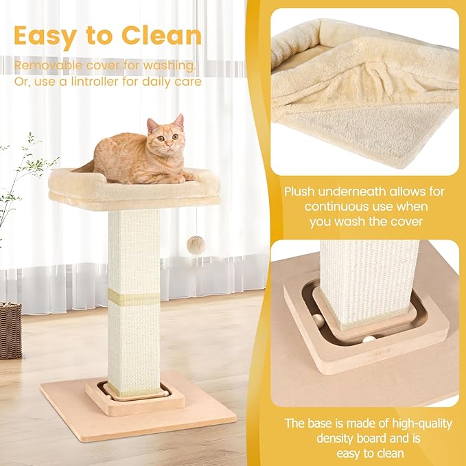 Cat Scratching Post,Heavy Duty and Thicker Scratching Posts for Indoor Cats Adults, Cat Scratcher with Cat Perch, Tall Cat Scratching Post with Bed, Removable Cover, 28 inches