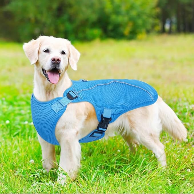 Kuoser Dog Cooling Vest for Large Dogs, Lightweight Doggie Cooler Jacket Breathable Mesh Pet Cooling Shirts Reflective Puppy Cool Harness for Beach, Hiking, Walking Blue XXL