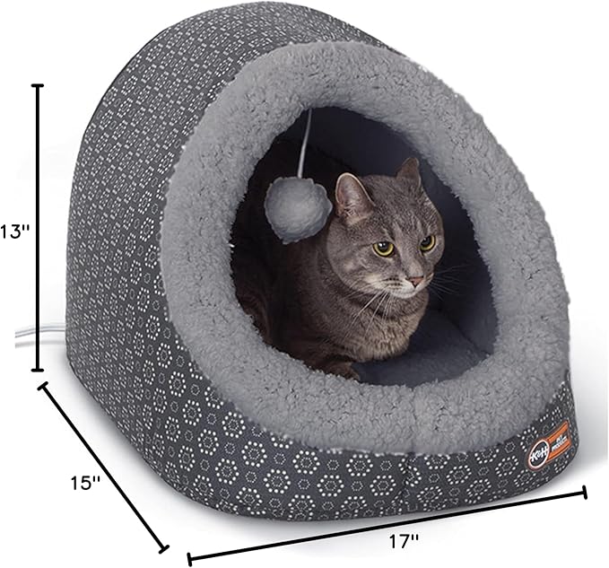 K&H Pet Products Thermo-Pet Cave Heated Cat Bed - Gray/Geo Flower 17 X 15 X 13 Inches