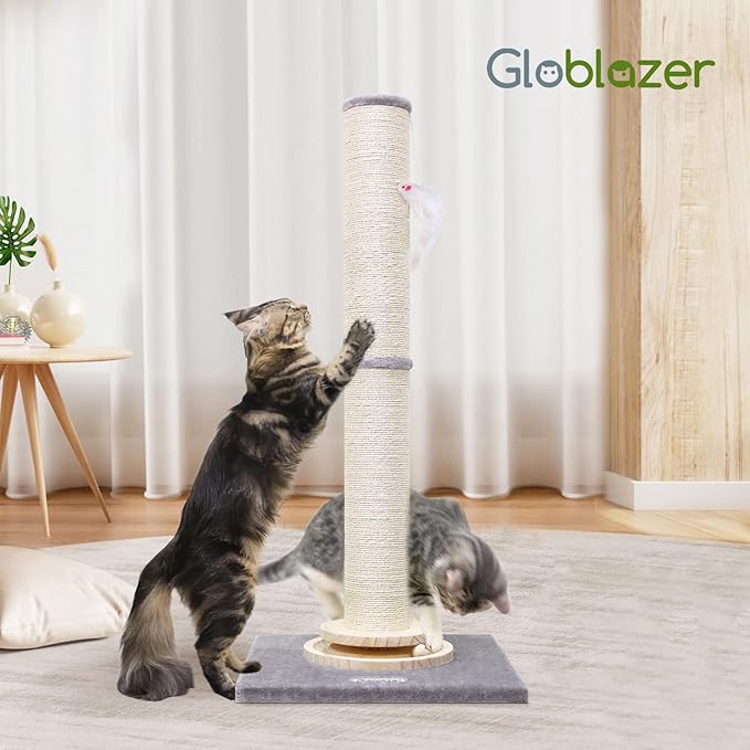 Globlazer Extra Thick Large Scratching Post for Indoor Cats Adults and Kittens, 35in Tall Natural Sisal Rope Scratcher Post, Large Cat Scratcher with Ball Interactive Toy, SC35, Light Grey