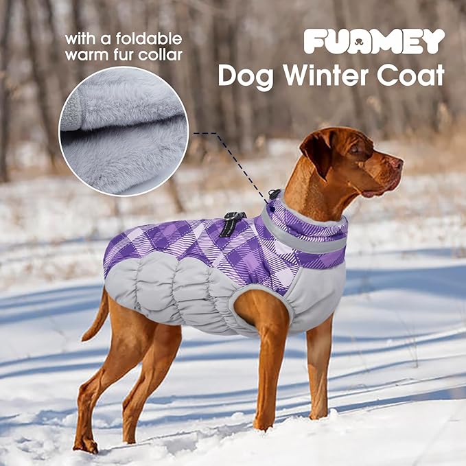FUAMEY Dog Coat for Small Dogs,Waterproof Dog Winter Jacket with Harness Built in Puppy Cold Weather Coats Reflective Pet Vest with Zipper Warm Fleece Dogs Snowsuit Windproof Purple Plaid XS