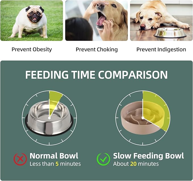 Ceramic Raised Slow Feeder Dog Bowl Set, Elevated 5.1inch Bowl and 6.1inch Puzzle Slow Pet Food Dish with Wooden Stand for Small Dog and Cat, Anti-Gulping (2X Brown Coffee+ Stand)