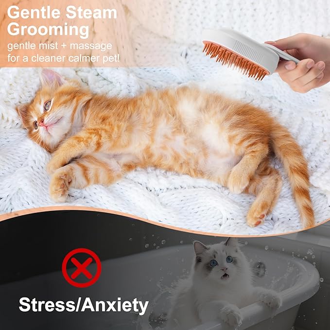 Steam Brush for Cat & Dog – 3-in-1 Spritz Pet Spray Hair Removal Comb for Grooming & Shedding Steam – Water Brush for Long & Short Haired Pets– Includes Two Bottles Waterless Shampoo