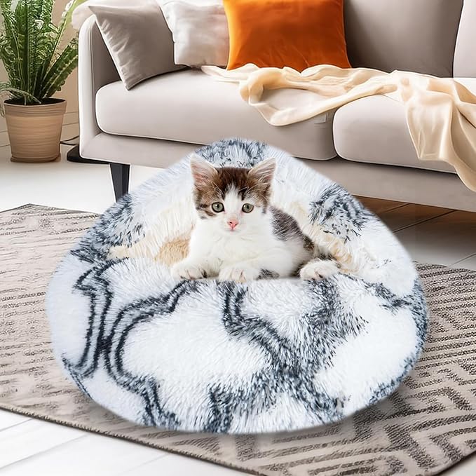 Calming Dog Beds & Cat Cave Bed with Hooded Cover,Washable Round Beds for Small Medium Pets,Anti-Slip Faux Fur Fluffy Coved Bed,Comfortable Warming Pet Bed (20 * 20inch,Black and White)