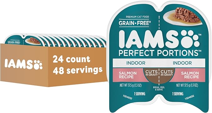 IAMS Perfect Portions Indoor Adult Wet Cat Food Cuts in Gravy, Salmon Recipe, 2.6 oz. Easy Peel Twin-Pack Trays (24 Count, 48 Servings)