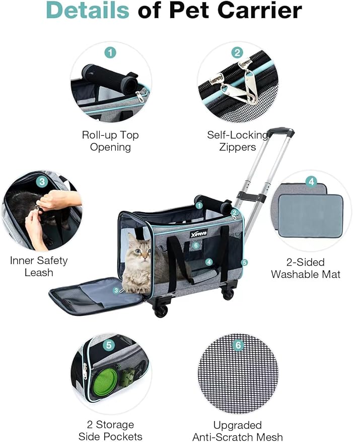 Cat Dog Carrier with Wheels Rolling Pet Carrier with Telescopic Handle, Shoulder Strap and Pet Bowl, Grey