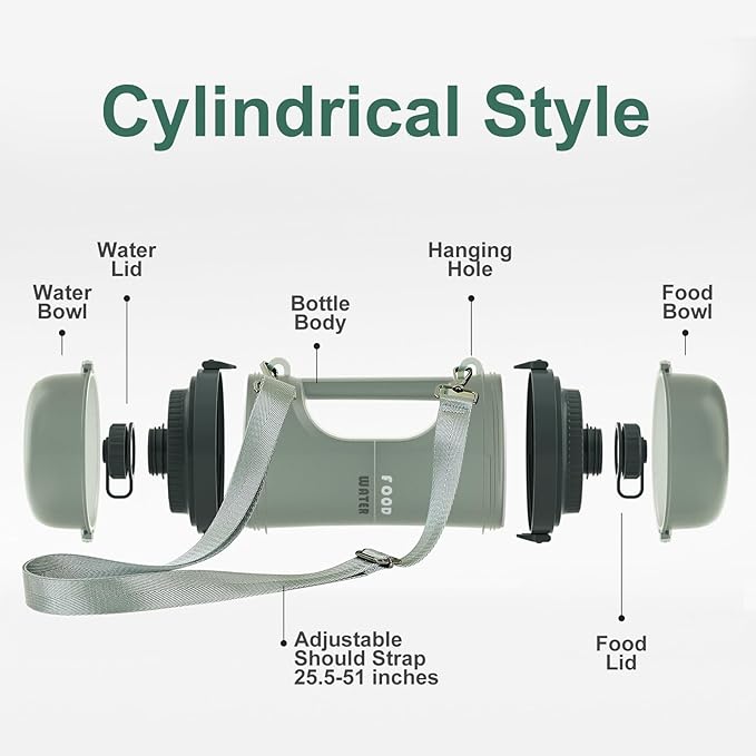 Gardner Pet Portable Dog Water Bottle&Food Container (49.6oz) – Leakproof Travel Water Bottle for Medium/Large Dogs (30+ lbs) Hiking, Camping, Beach – 2 Collapsible Bowls & Shoulder Strap (Grey)