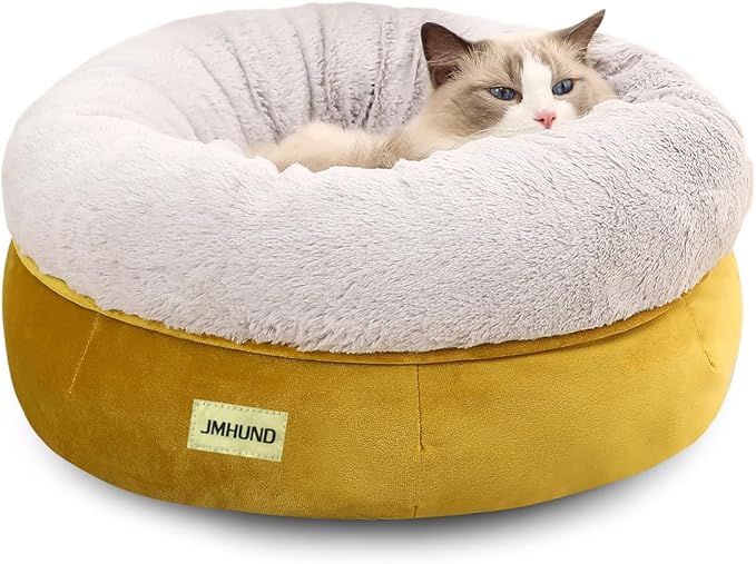 Cat Bed for Indoor Cats,Round Cat Bed for Small Pets,Washable Pet Bed with Non-Skid Bottom,Pet Bed for Puppy and Kitty,19 Inches,Yellow