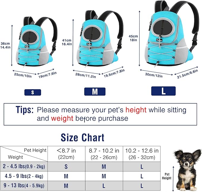Pawaboo Pet Dog Carrier Backpack, Puppy Dog Travel Front Carrier for Small Medium Dogs Cats, Adjustable Breathable Dog Carrying Backpack with Safety Strips for Hiking, Walking (Blue L Up to 14 lbs)