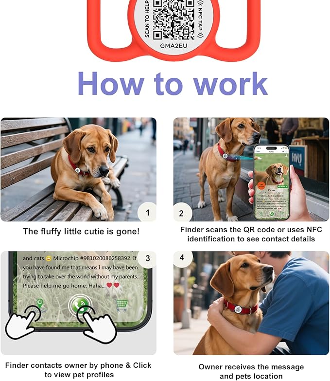 QR Code Dog Tag with NFC, Personalized Pet ID Tag, Silent Silicone Dog ID Tag, Modifiable Pet Online Profile, Multiple Emergency Contact, Scan QR Code Send GPS Location Email (Regular Red)